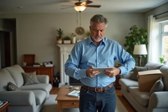Homme d'âge moyen dans un salon désordonné avec tablette