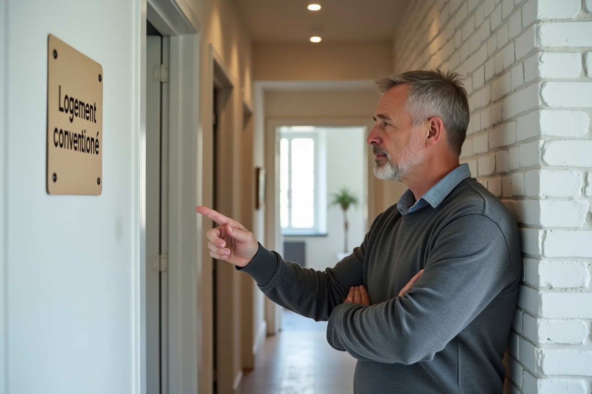 Homme pointant une porte dans un appartement rénové et accueillant