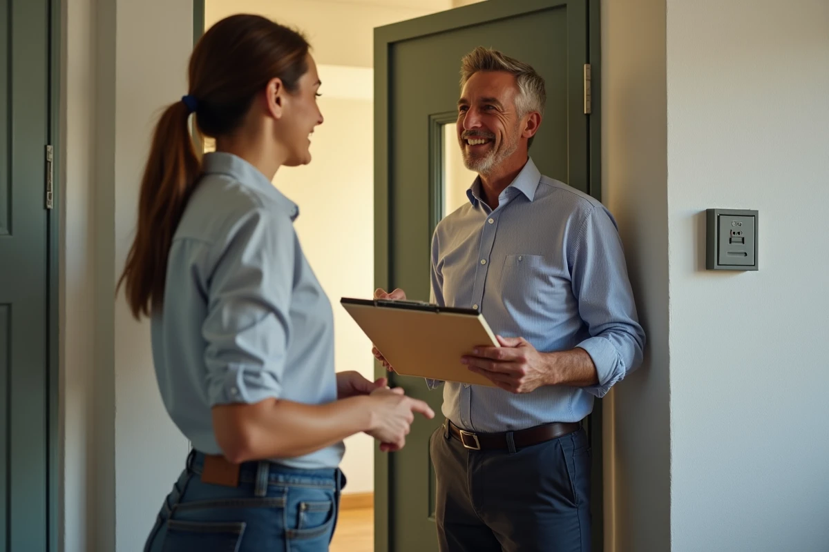 Homme en costume discutant avec une jeune femme à la porte