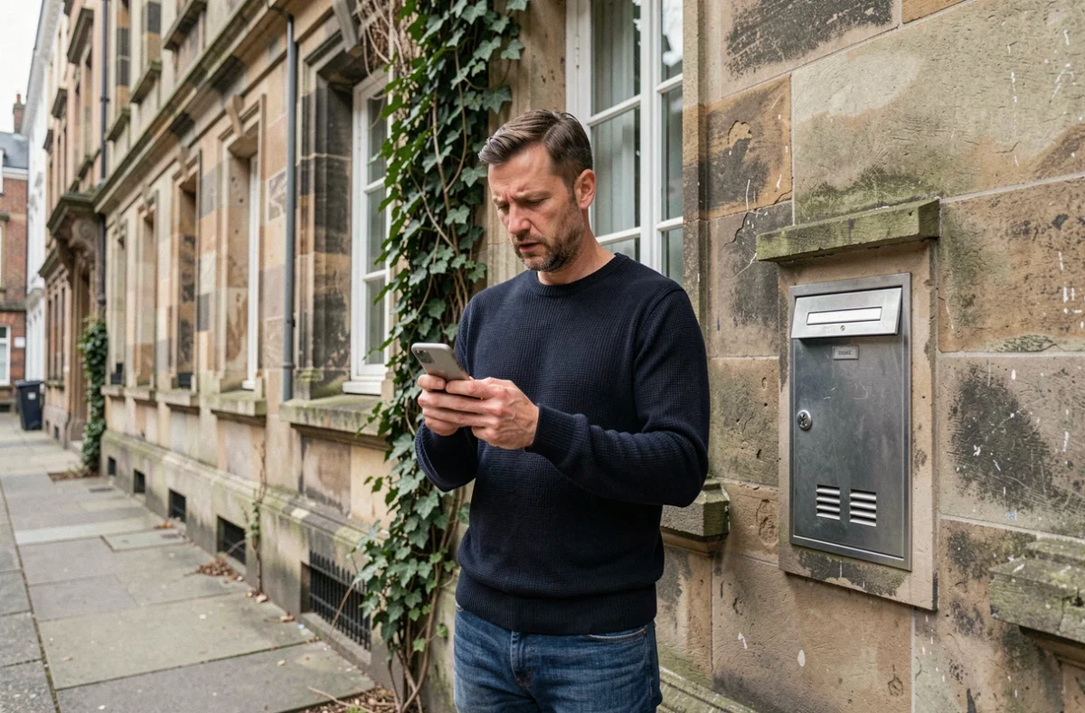 Homme devant un immeuble recherchant le propriétaire introuvable grâce au 3233-SD sur son smartphone