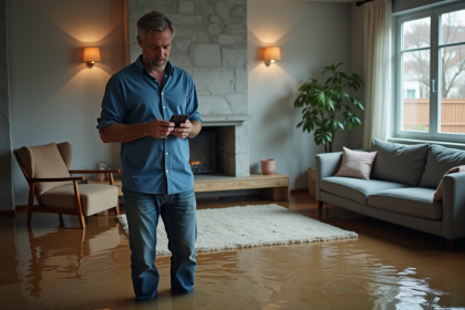 Homme d'âge moyen dans un appartement inondé examine l'eau