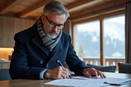 Homme d'&acirc;ge moyen lisant des documents dans un appartement alpin