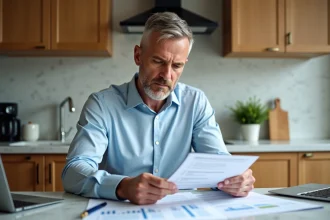 Homme d'âge moyen examine documents immobiliers à la maison