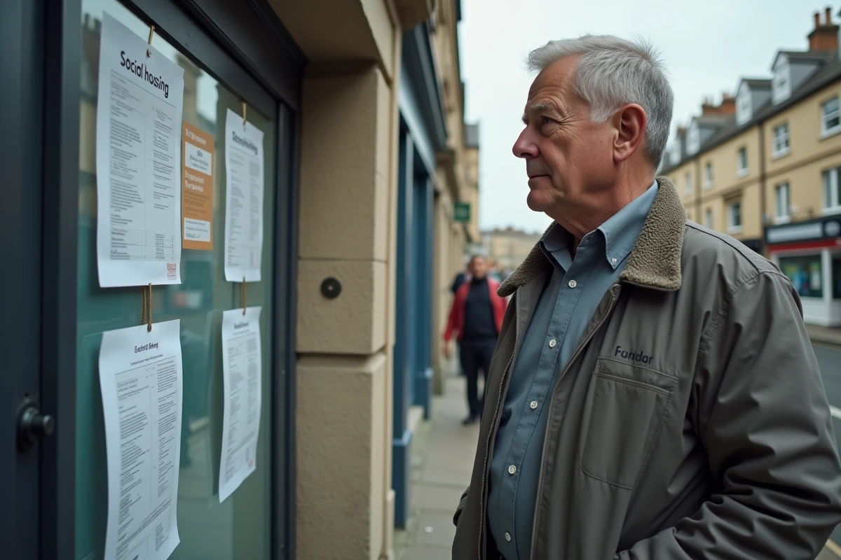 Homme consulte des annonces de logements sur un panneau publicitaire