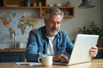 Homme d'âge moyen consulte des rapports immobiliers sur son ordinateur