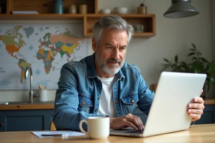 Homme d'âge moyen consulte des rapports immobiliers sur son ordinateur