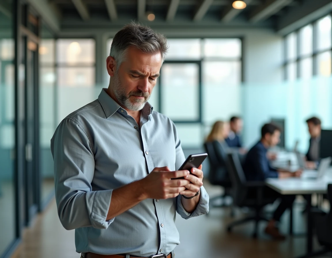Homme d'affaires consultant des avis utilisateurs sur une application de location depuis un espace de coworking