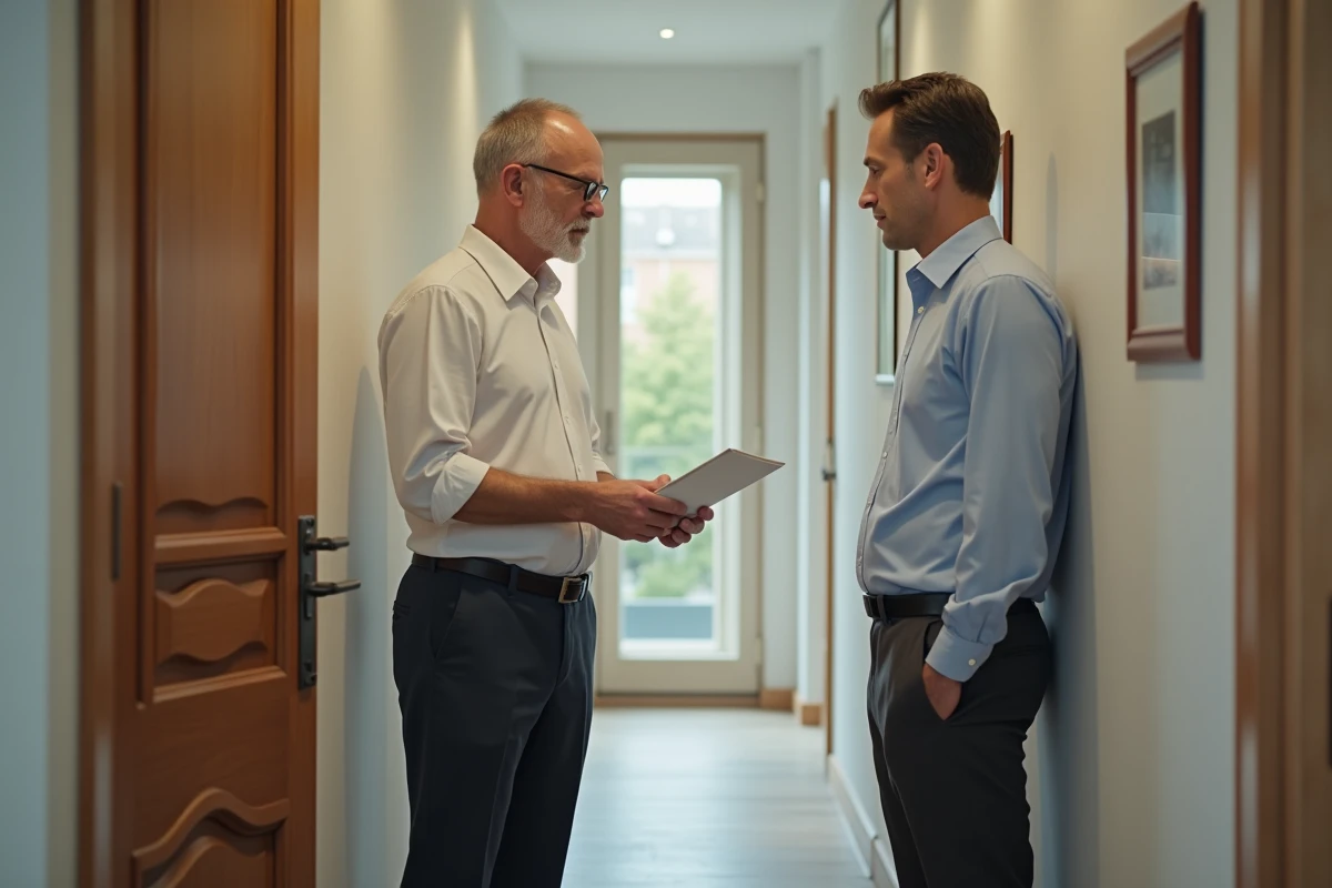 Homme remettant une lettre à un propriétaire dans un couloir