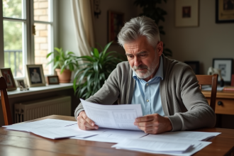 Homme d'âge moyen examinant des documents fiscaux à la maison