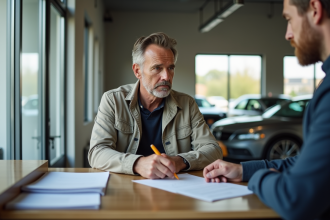 Homme signant un contrat de location dans un bureau de garage