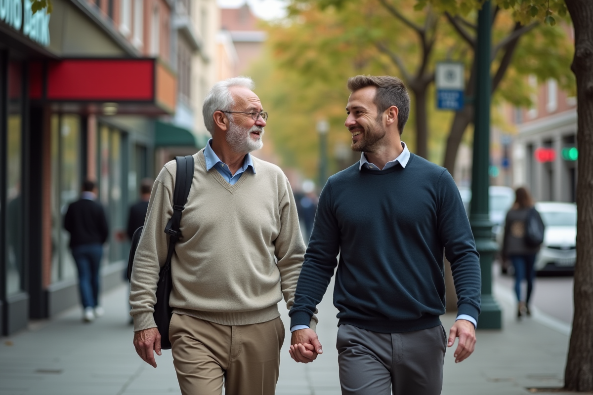 Homme âgé marchant avec son fils dans une rue urbaine animée