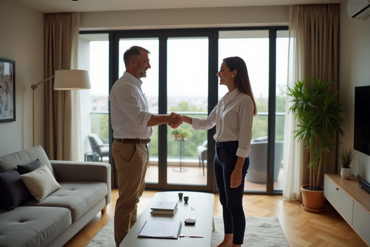 Homme souriant signant un contrat immobilier avec agent