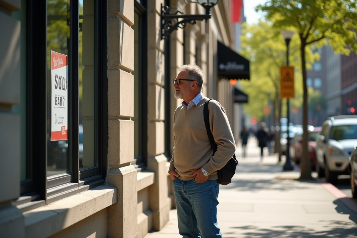 Homme regardant une enseigne de location en ville