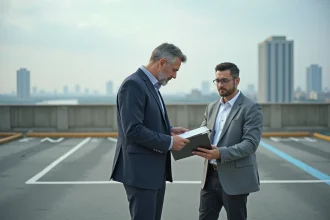 Homme d'affaires mesurant un espace de parking en extérieur