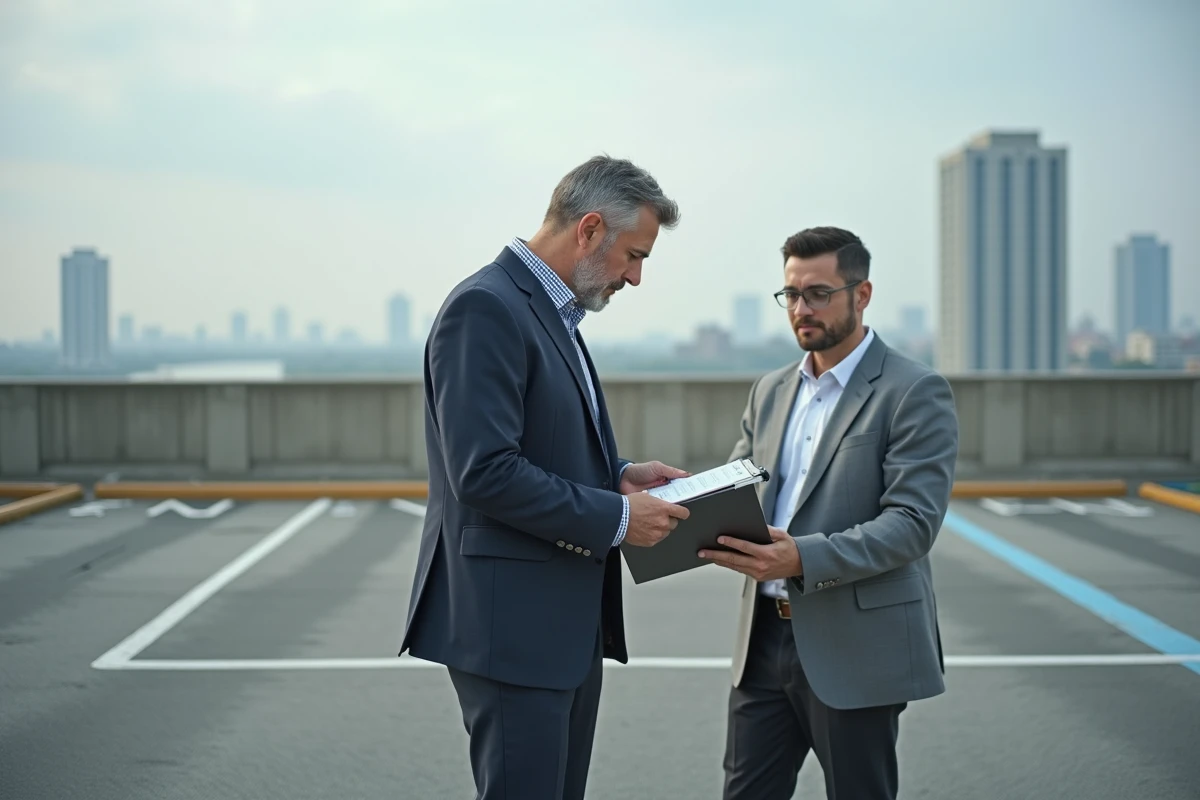 Homme d'affaires mesurant un espace de parking en extérieur
