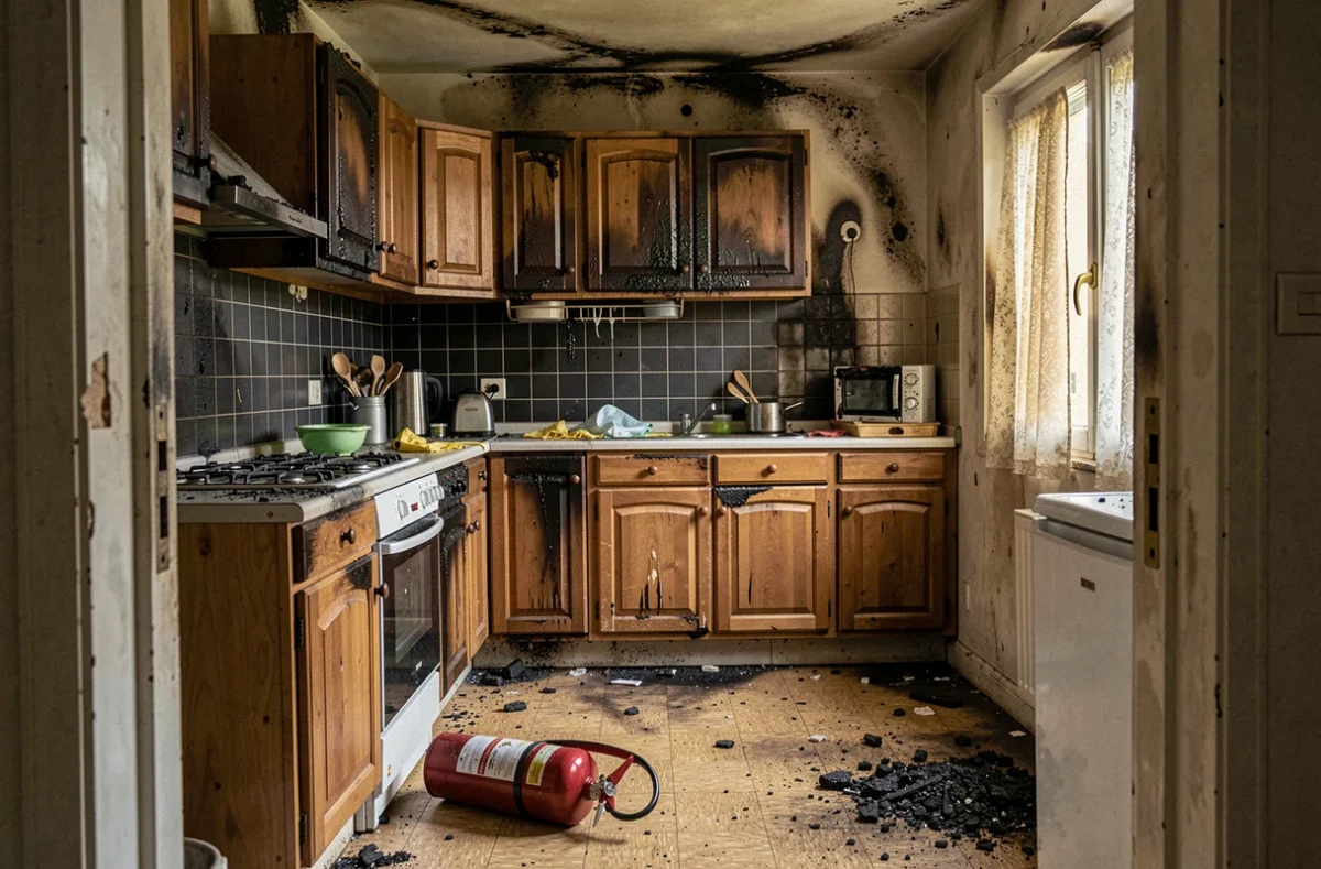 Cuisine d'appartement après un incendie domestique avec armoires calcinées et suie au plafond