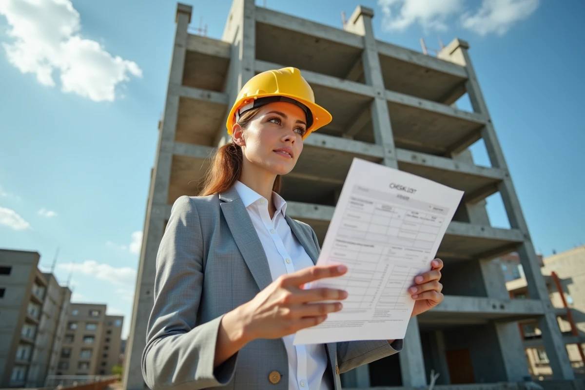 Femme portant un casque de chantier inspectant un immeuble en cours de construction lors d'un achat en VEFA