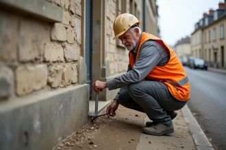 Ingénieur inspectant une fissure diagonale sur les fondations d'un bâtiment en pierre avec un jauge de fissure