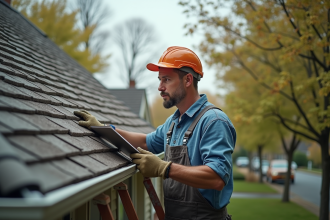 Homme en overalls inspectant un toit de maison traditionnelle