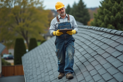 Ouvrier en tenue de travail inspectant un toit résidentiel
