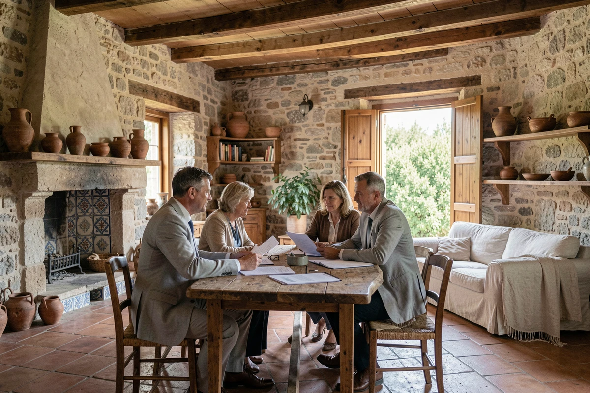 Intérieur authentique d'une maison corse à vendre avec des acheteurs et un professionnel immobilier autour d'une table en chêne