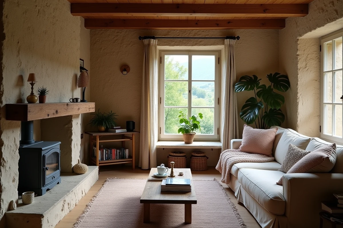 Intérieur cosy d'une petite maison de location dans les Hautes-Pyrénées avec cheminée et vue sur jardin
