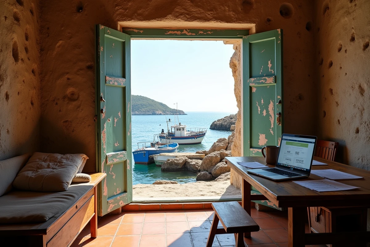 Intérieur d'une maison de pêcheur pas chère avec vue sur mer et documents immobiliers sur la table