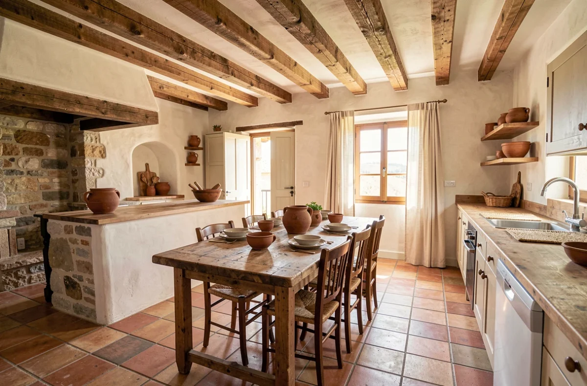 Intérieur authentique d'une maison de vacances rénovée en Provence avec poutres apparentes et tomettes en terre cuite