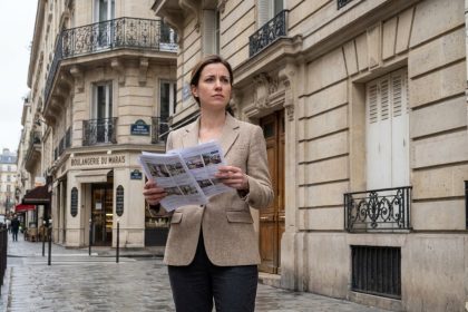 Femme consultant des annonces immobilières devant un immeuble haussmannien du 3e arrondissement de Paris