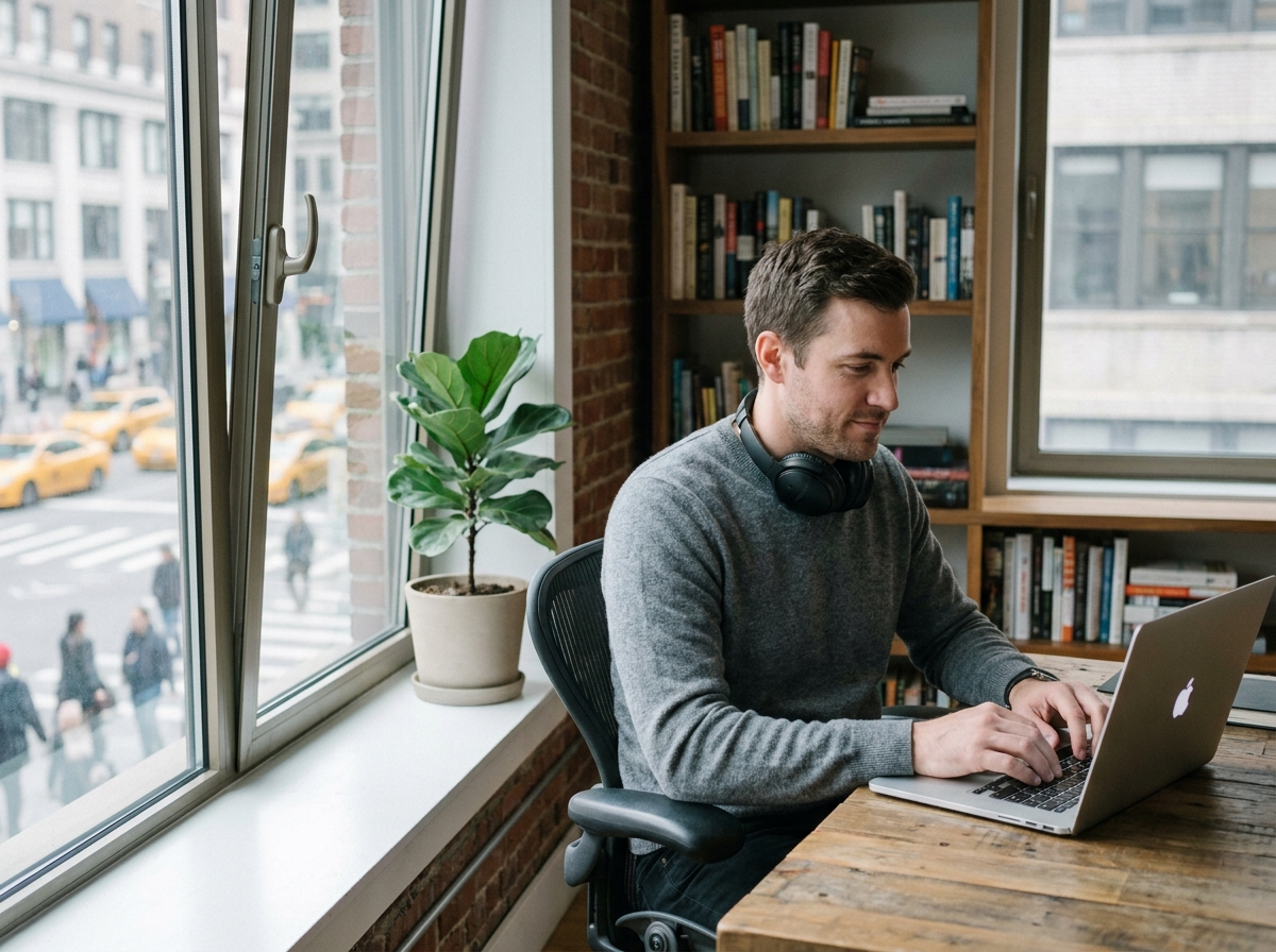 Homme travaillant dans un bureau à domicile équipé d'une fenêtre triple vitrage, illustrant l'isolation phonique contre le bruit de la rue
