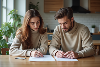 Jeune couple dans un appartement moderne examine des documents