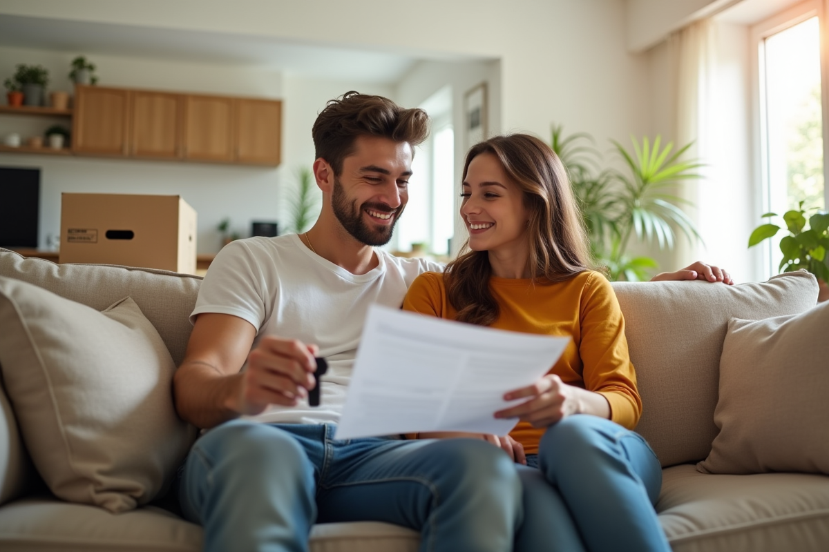 Jeune couple souriant avec clés et contrat d'assurance dans leur appartement