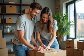 Jeune couple souriant en train d'emballer un carton dans un salon