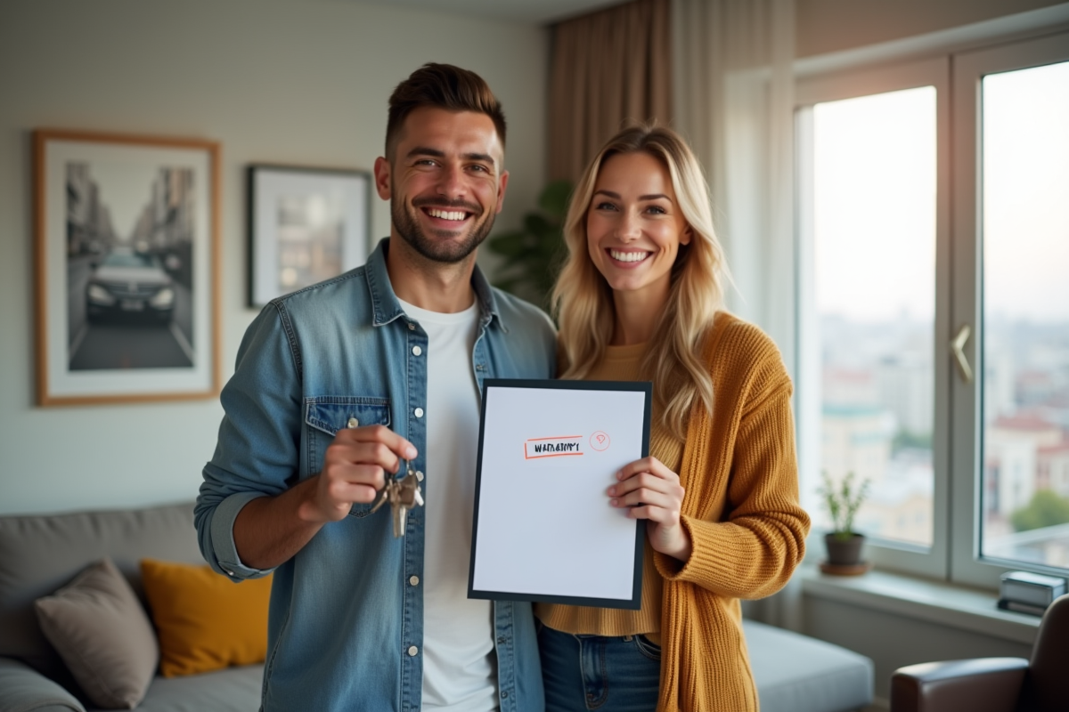 Jeune couple heureux avec clés dans leur salon lumineux