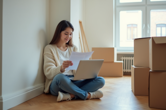 Jeune femme dans un appartement en train de travailler