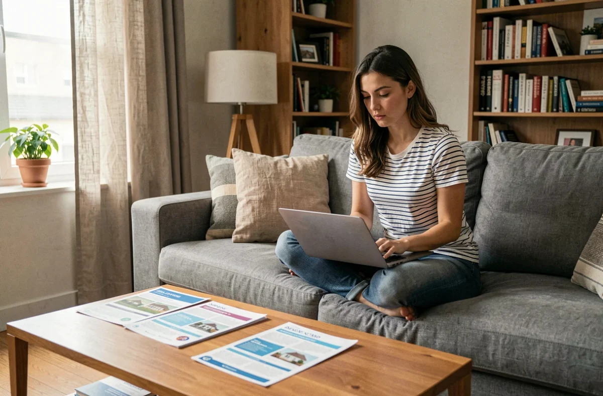 Jeune femme comparant des offres d'assurance habitation en ligne depuis son salon
