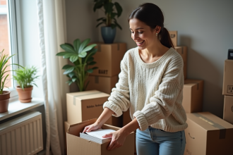 Jeune femme emballant des livres dans un salon cosy