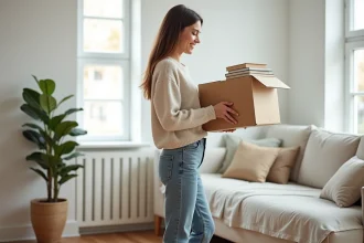 Jeune femme déballant un carton dans un studio moderne