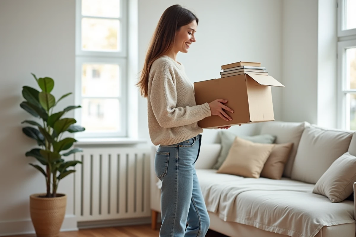 Jeune femme déballant un carton dans un studio moderne