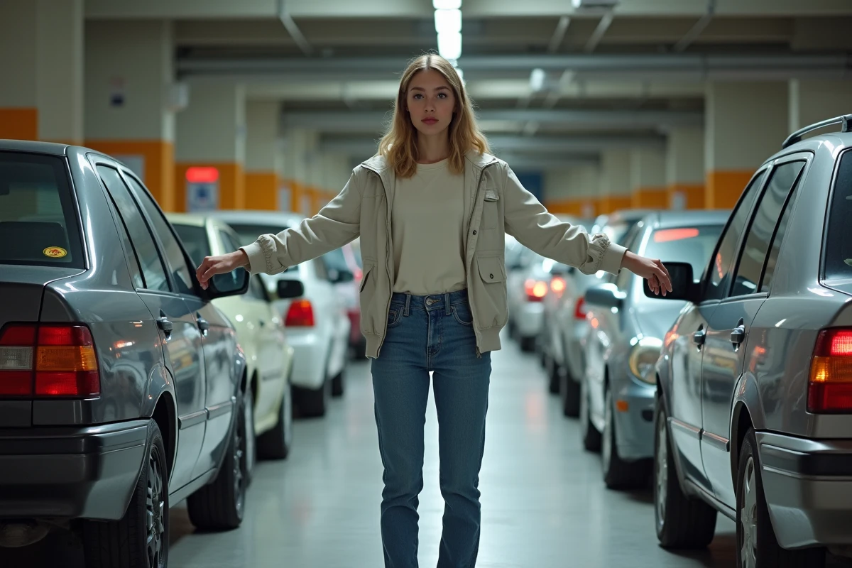 Jeune femme évaluant un espace de stationnement en intérieur