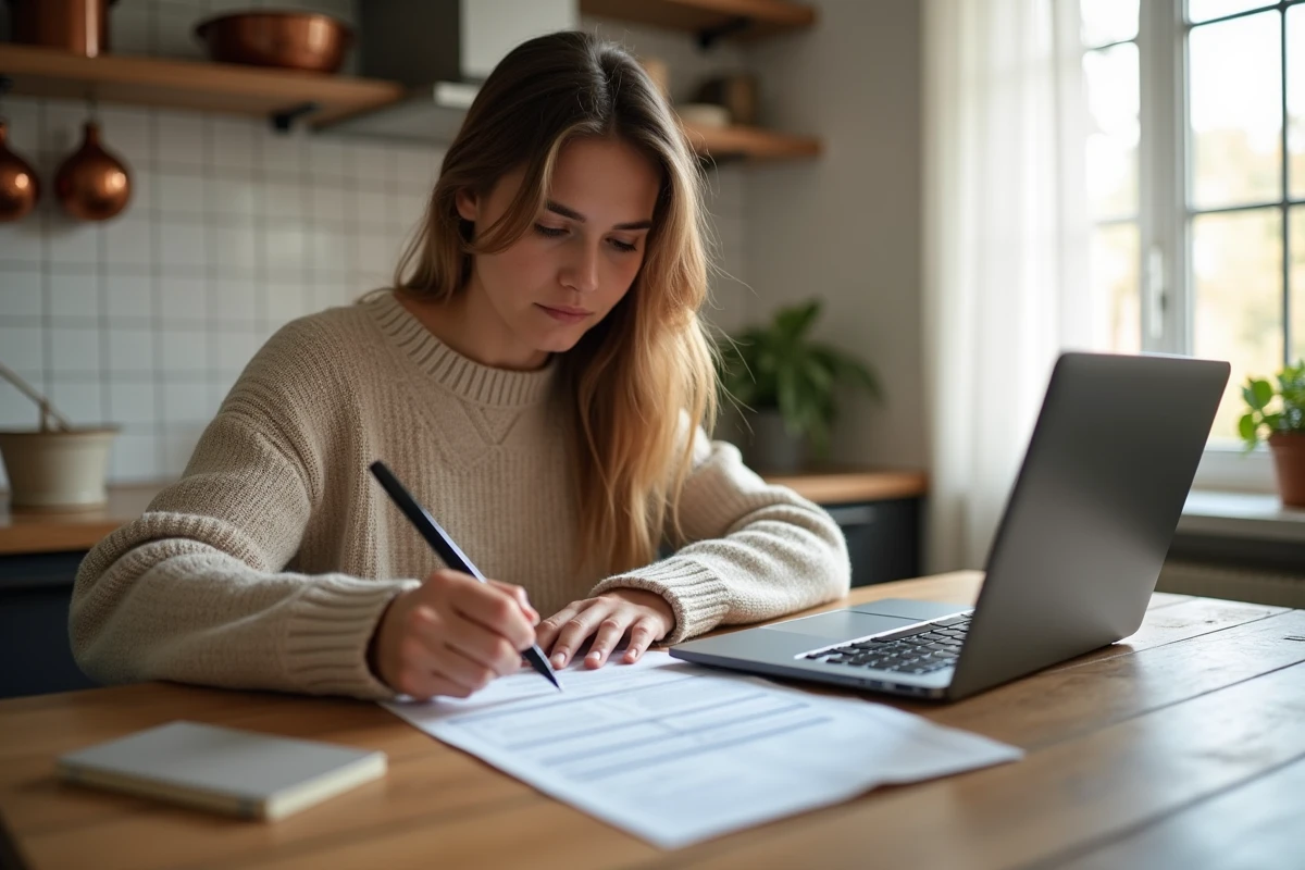 Jeune femme remplissant un formulaire de garantie Visale à domicile avec mentions obligatoires