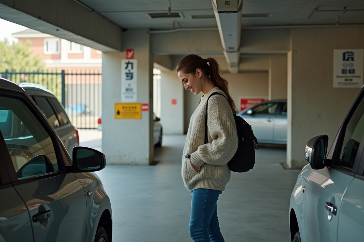 Jeune femme souriante verrouillant sa voiture dans un parking résidentiel