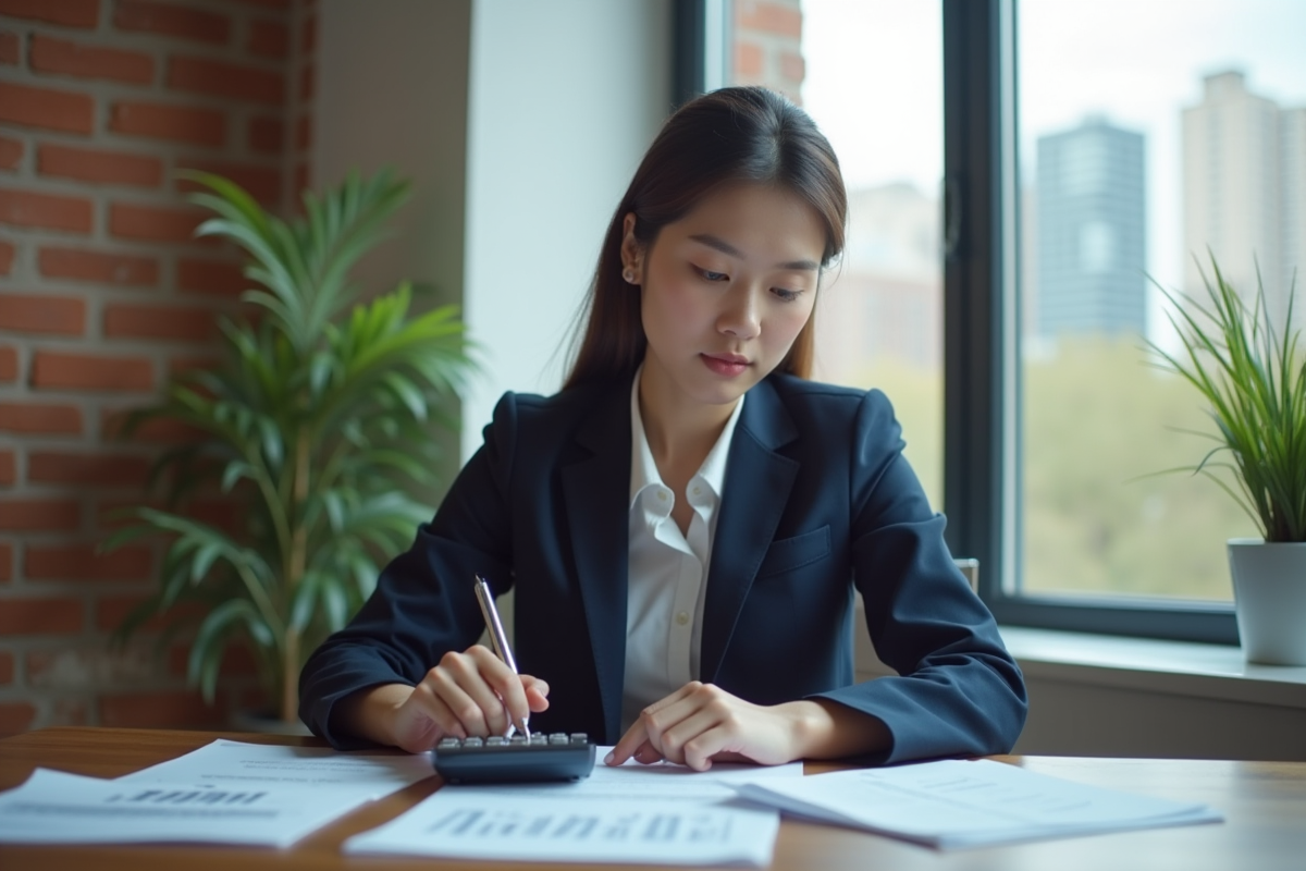 Jeune femme en costume immobilier travaillant à son bureau