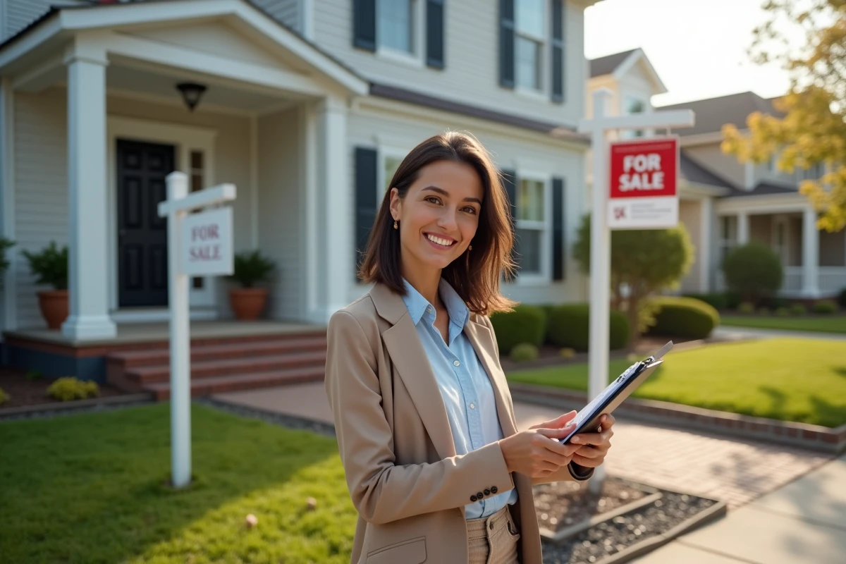 Jeune femme souriante devant une maison en vente