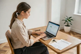 Jeune femme consultant l'application My Foncia sur ordinateur portable dans son premier appartement avec des clés et documents de location