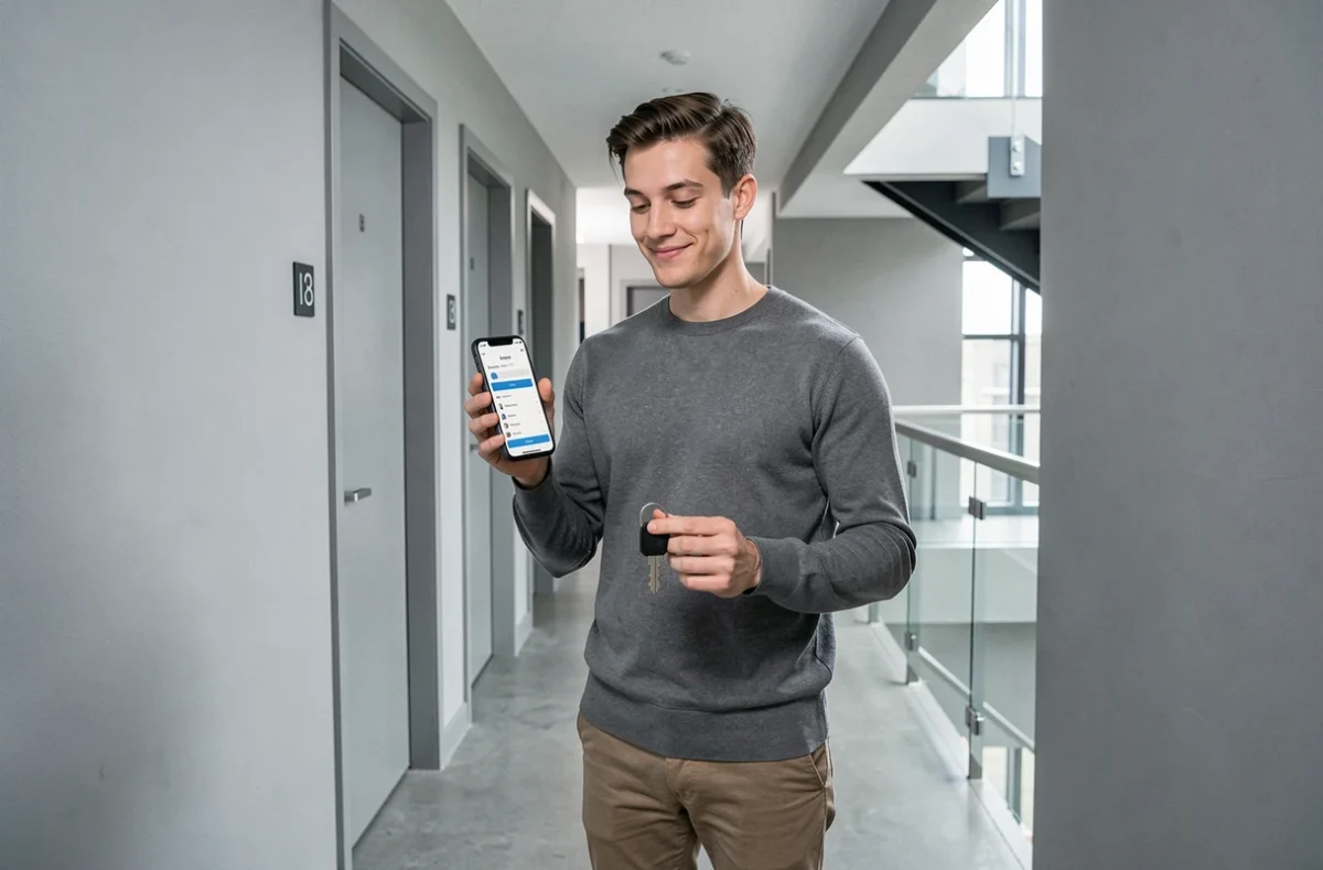 Jeune homme tenant son smartphone avec l'application My Foncia et ses clés d'appartement dans le couloir d'une résidence moderne