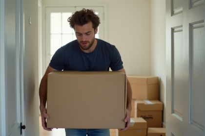 Jeune homme portant une boîte dans un couloir d'appartement