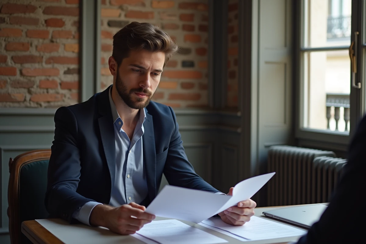 Jeune homme examine des papiers de copropriete dans un appartement parisien
