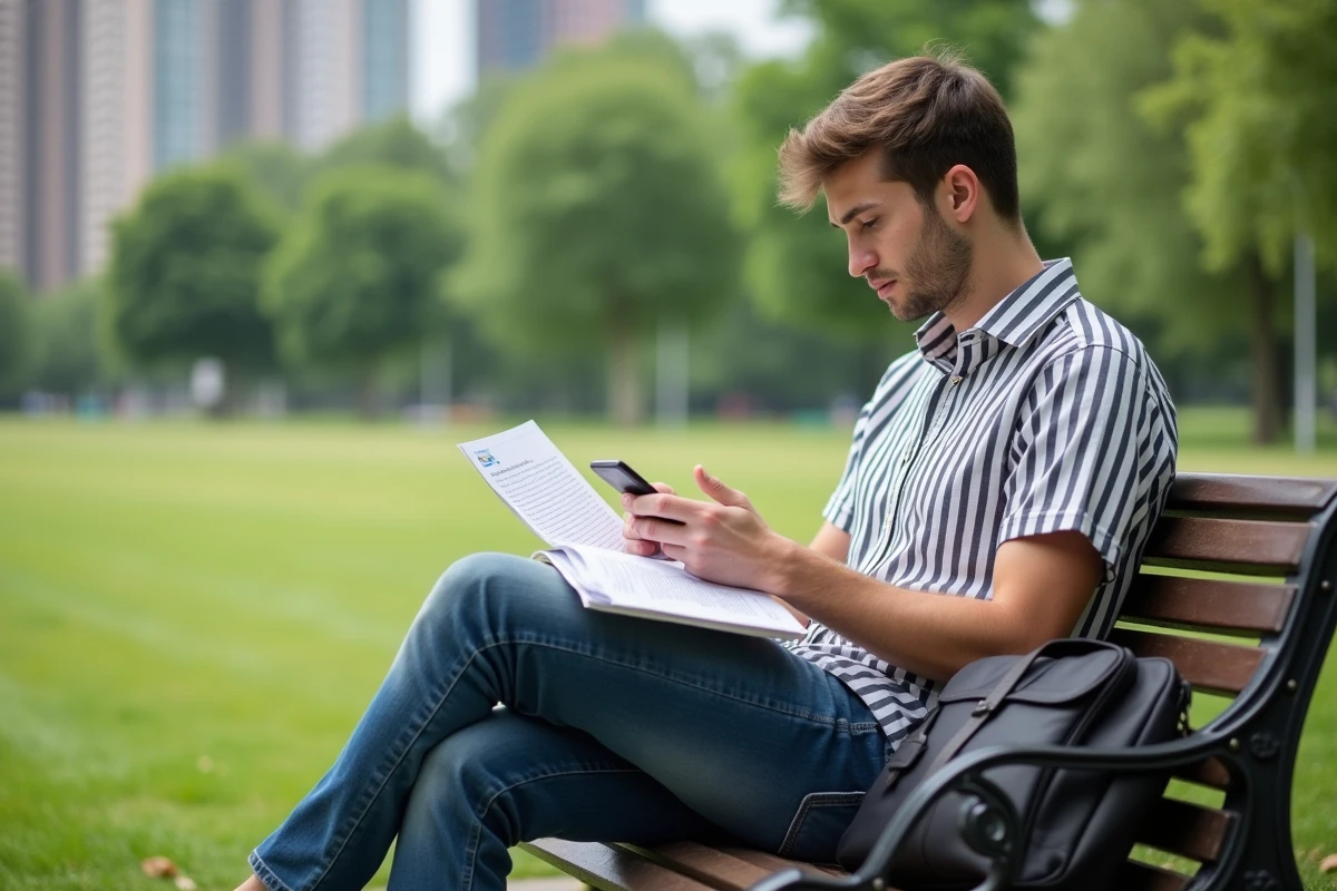 Jeune homme vérifiant son smartphone dans un parc urbain
