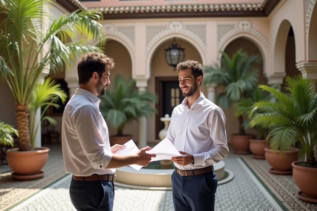 Jeune homme marocain examinant des plans dans un riad traditionnel
